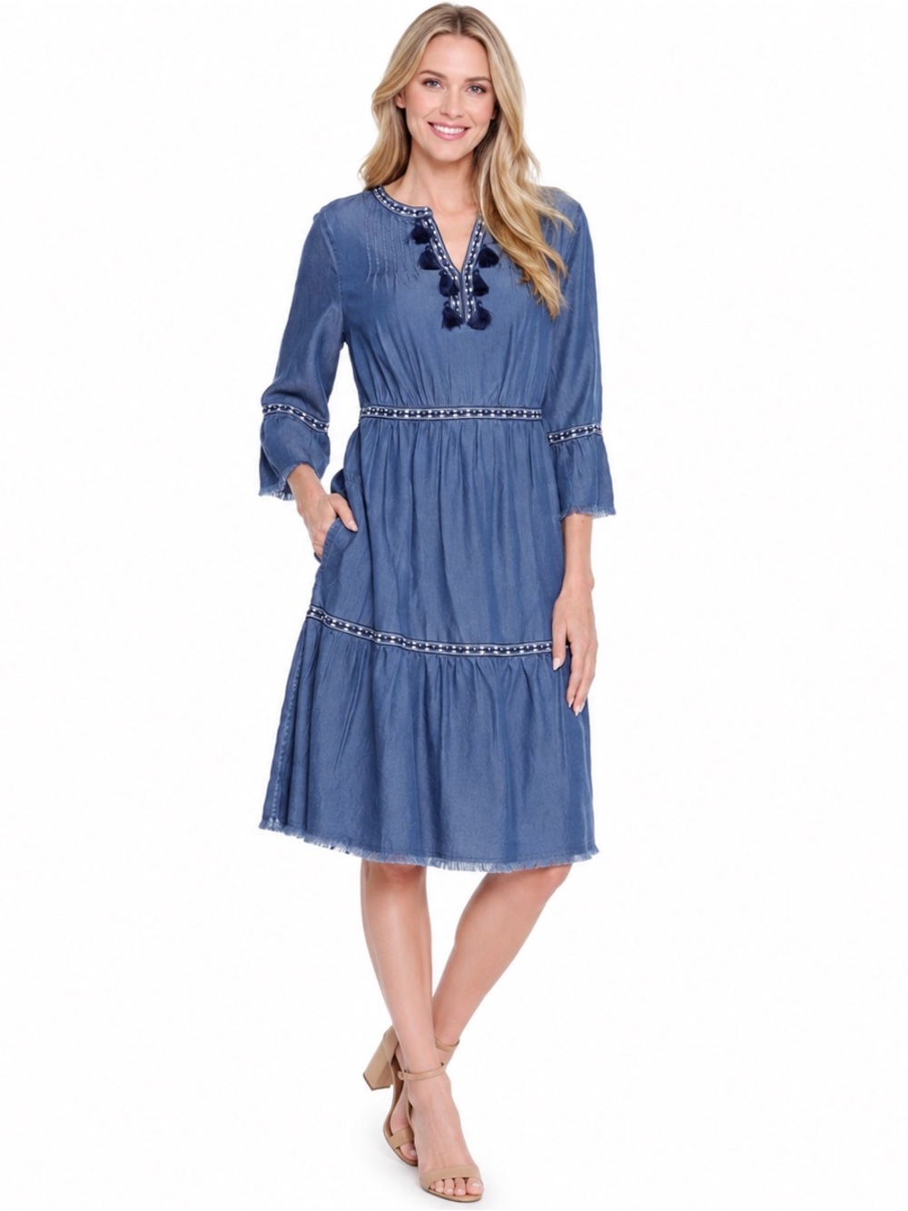 John Mark Blue Tassel-Detail Tiered Dress